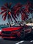 Red sports convertible on the background of the sea and palm trees. Unique image. AI