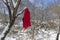 Red sports jacket hanging on tree branches in the winter forest