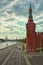 Red Square, Beklemishevskaya Tower of the Moscow Kremlin. Moscow river.