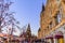 Red Square, GUM. People, Christmas tree and decorated trees near GUM in Christmas and New Year. Moscow, Russia.