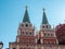 Red Square. Observation towers of the main entrance Moscow, Russia. Close-up