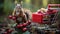 Red squirrel collects berries in a small shopping cart in the forest