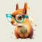 A red squirrel with glasses. Illustration of the generated AI for design, printing or layout. The concept of a smart animal
