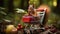 Red squirrel in a small shopping cart with berries on a background of autumn leaves.