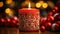 A red St. Nicholas Day candle, elegantly decorated with holiday motifs and lit with a warm, inviting glow. The candle cultural