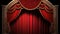 Red stage closed curtain with an arched wooden decorated entrance.