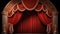 Red stage closed curtain with an arched wooden decorated entrance.