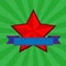 Red star with blue ribbon against divergent green rays