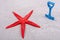 Red starfish and blue scoop on a sand background