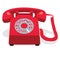 Red stationary phone with rotary dial.