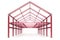 Red steel framework building front perspective view