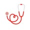 Red stethoscope in shape of heart. Realistic icon isolated on white background. Stock vector illustration can be used to promote