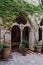 Red stone column in countryard of Villa Cimbrone garden , in Ravello, Amalfi Coast, Italy