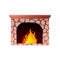 Red stone fireplace with burning hot fire in mountain