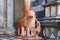 Red stone lion sculpture of the Cappella Colleoni was built with marble elements between 1472 and 1476 of the Basilica di Santa