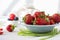 Red strawberries, strawberries on table, bowl with strawberries, freshly picked strawberries concept