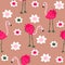 Red strawberry flamingo and flowers seamless pattern. Perfect for T-shirt, textile and print. Hand drawn vector illustration for