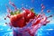 red strawberry food background freshness blue healthy fruit fresh water splash. Generative AI.