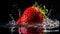 Red strawberry fruit falling at the water surface. Water splash explosion