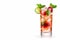 Red strawberry mojito with berries, lime slices and ice, on white background. Generative AI, generative artificial intelligence