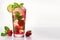 Red strawberry mojito with berries, lime slices and ice, on white background. Generative AI, generative artificial intelligence