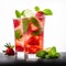 Red strawberry mojito with berries, lime slices and ice, on white background. Generative AI, generative artificial intelligence