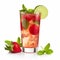 Red strawberry mojito with berries, lime slices and ice, on white background. Generative AI, generative artificial intelligence