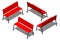 Red street bench made of wooden slats on metal supports, vector isometric pattern on a white background