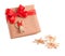 Red stripe paper wrap gift box ribbon bow angel decoration isolated