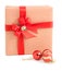 Red stripe paper wrap gift box ribbon bow jingle bell decoration isolated