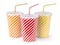 Red striped paper or plastic glass with soda water, drinking straw, tea or coffee