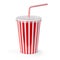 Red striped paper or plastic glass with soda water, drinking straw, tea or coffee