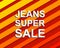 Red striped sale poster with JEANS SUPER SALE text. Advertising banner