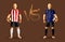 Red stripes and blue stripes soccer players holding vintage foot