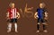 Red stripes and blue stripes soccer players holding vintage foot