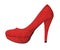 Red suede court shoe with platform sole, isolated on white. Woman`s footwear with ridiculously high heel.