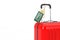 Red Suitcase with Hand Luggage Flight First Class Tag Label. 3d Rendering