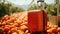 A red suitcase sitting in a field of tomatoes, AI