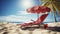 Red sun lounger and umbrella on sandy beach, relaxing palm tree shade, tranquil sea view vacation