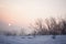 The red sun sets in a gray-pink haze. winter pastel landscape