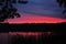 Red Sunset on the lake with beautiful red skies. Reeds on the coast. Summer rural landscape