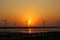 Red sunset reflection on the sea and silhouette windmill on the beach.