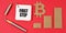 On a red surface lie the bitcoin symbol, a pen and a notepad with the inscription - First Step