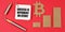 On a red surface lie the bitcoin symbol, a pen and a notepad with the inscription - SUCCESS IS DEPENDENT ON EFFORT