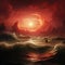 Red Surrealism Seascape Abstract: A Fantasy Illustration Of An Ominous Red Sunset In The Ocean