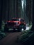 Red SUV in a foggy forest. Unique image. AI