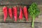 Red sweet pointed peppers in a row and parsley on rustic wood