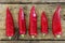 Red sweet pointed peppers in a row on rustic wood
