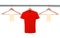 red t-shirts on hangers and blank tags isolated on white background