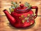 A red teapot with flowers painted on it. AI generative image